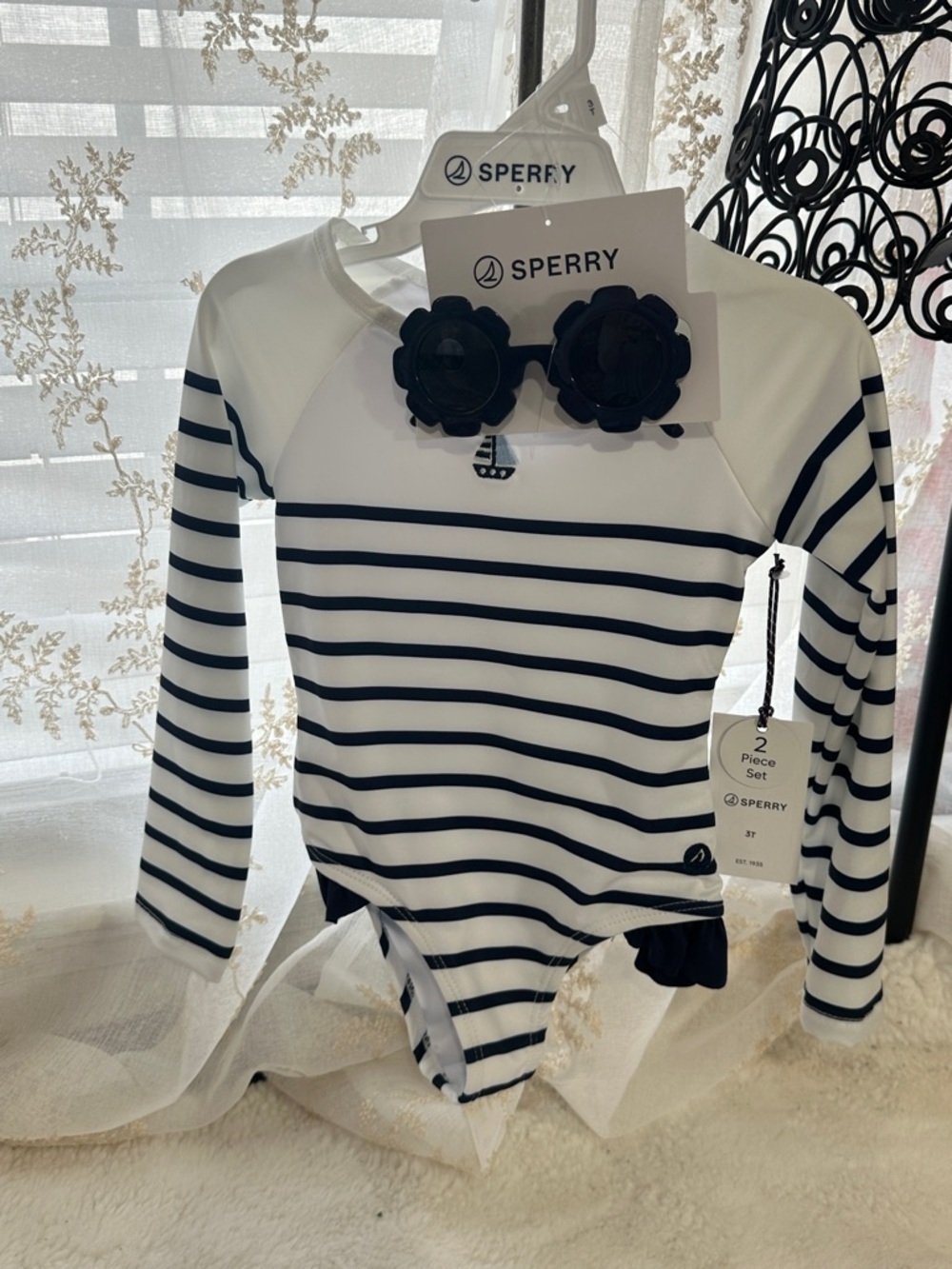 Sperry 2-piece nautical-themed rash guard one piece with matching glasses